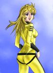  1girl ass blonde_hair bodysuit breasts long_hair looking_at_viewer military military_uniform mori_yuki open_mouth rx92 smile solo space uchuu_senkan_yamato uchuu_senkan_yamato_2199 uchuu_senkan_yamato_2202:_ai_no_senshi-tachi uniform violet_eyes yellow_bodysuit 
