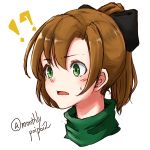  !? 1girl akigumo_(kantai_collection) alternate_hair_length alternate_hairstyle brown_hair commentary_request green_eyes hair_ribbon highres kantai_collection long_hair ponytail portrait ribbon simple_background solo turtleneck twitter_username umibudou upper_body white_background 