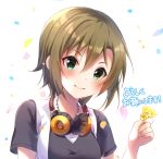  1girl bangs black_shirt blush brown_hair chain closed_mouth eyebrows_visible_through_hair flower green_eyes hair_between_eyes headphones headphones_around_neck holding holding_flower idolmaster idolmaster_cinderella_girls idolmaster_cinderella_girls_starlight_stage jewelry necklace rocomani shiny shiny_hair shirt short_hair short_sleeves smile solo tada_riina upper_body white_background yellow_flower 