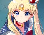  1girl bangs bishoujo_senshi_sailor_moon blonde_hair blue_eyes blue_sailor_collar blush bow choker circlet commentary_request crescent crescent_earrings derivative_work double_bun earrings eyebrows_visible_through_hair hair_ornament heart heart_choker highres jewelry long_hair looking_at_viewer minami_saki parted_bangs parted_lips red_bow red_choker sailor_collar sailor_moon sailor_moon_redraw_challenge sailor_senshi_uniform screencap_redraw shirt short_sleeves solo tsukino_usagi twintails upper_body white_shirt 
