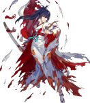  1girl alternate_costume blue_hair brown_eyes cape fire_emblem fire_emblem_fates fire_emblem_heroes full_body highres japanese_clothes katana kimono long_hair noy oboro_(fire_emblem) official_art ponytail sandals solo sword teeth torn_clothes transparent_background weapon 