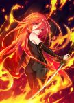  1girl alastor_(shakugan_no_shana) ass black_background bodysuit fiery_hair fire floating_hair from_behind hair_between_eyes highres holding holding_sword holding_weapon long_hair looking_at_viewer looking_back red_eyes redhead roke shakugan_no_shana shana solo standing sword very_long_hair weapon 