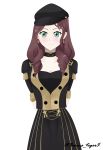  1girl artist_name black_hat blush breasts brown_hair burns5 cute dorothea_arnault earrings fire_emblem fire_emblem:_three_houses fire_emblem:_three_houses fire_emblem_16 garreg_mach_monastery_uniform green_eyes hat intelligent_systems large_breasts long_hair looking_at_viewer nintendo solo white_background 