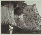  1girl ayu_(mog) bird border dress english_commentary forest grass grey_border greyscale hat long_sleeves minigirl mixed-language_commentary monochrome nature no_humans original owl signature solo tree witch_hat 