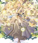  1boy alternate_costume blonde_hair bouquet closed_eyes feathered_wings fire_emblem fire_emblem:_radiant_dawn fire_emblem_heroes flower full_body green_eyes highres leaf long_hair official_art open_mouth pointy_ears rafiel_(fire_emblem) sandals solo sparkle teeth transparent_background wings 