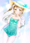  1girl absurdres brown_hair clouds hands_together hat highres long_hair looking_at_viewer love_live! love_live!_school_idol_project luna_(mi-chanman) minami_kotori side_ponytail sky solo sun_hat swimsuit tied_hair yellow_eyes 