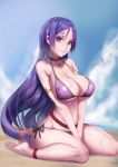  bikini blue_sky breasts clouds eyebrows fate/grand_order fate_(series) highres large_breasts long_hair looking_at_viewer low-tied_long_hair minamoto_no_raikou_(fate/grand_order) ocean parted_lips proudsoul purple_bikini purple_hair sand side-tie_bikini sky smile swimsuit thighs violet_eyes 