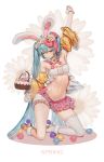 1girl animal_ears aqua_eyes arm_up asymmetrical_legwear bare_shoulders basket bow commentary cosplay daisy detached_sleeves easter easter_bunny easter_bunny_(cosplay) easter_egg egg english_commentary english_text floral_background flower frilled_legwear frilled_skirt frilled_sleeves frills gloves hair_bow hair_flower hair_ornament half-closed_eyes hatsune_miku highres holding holding_basket kneeling light_blush light_smile long_hair looking_down microskirt midriff navel oohhya outstretched_arm pink_bow pink_skirt rabbit_ears single_thighhigh skirt solo spring_(season) strapless thigh-highs tubetop twintails very_long_hair vocaloid white_gloves white_legwear white_tubetop yellow_sleeves 