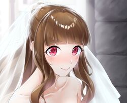  1girl bangs black_hair blunt_bangs blush bridal_veil collarbone commentary_request dress eyebrows_visible_through_hair highres idolmaster idolmaster_cinderella_girls kamiya_nao long_hair ponytail red_eyes smile solo strapless strapless_dress upper_body veil yumemo 