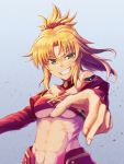  1girl abs bare_shoulders blonde_hair blue_background breasts fate/grand_order fate_(series) green_eyes highres juunishi_aya medium_breasts mordred_(fate) mordred_(fate)_(all) navel outstretched_hand ponytail red_scrunchie scrunchie shrug_(clothing) smile smirk solo under_boob 