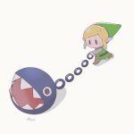 1boy ayu_(mog) belt blonde_hair boots bow-wow_(the_legend_of_zelda) brown_footwear chain_chomp chibi closed_mouth english_commentary green_robe link mixed-language_commentary pointy_ears sidelocks signature simple_background solo the_legend_of_zelda white_background