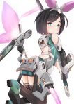 1girl absurdres ass backless_outfit bangs bare_shoulders black_hair black_legwear blush closed_mouth eyebrows_visible_through_hair gloves green_eyes green_footwear green_shirt green_shorts grey_gloves headgear highres holding holding_sword holding_weapon katana light_frown looking_at_viewer looking_back mecha_musume original piliheros2000 shirt shoe_soles shoes short_hair short_shorts shorts single_glove sleeveless sleeveless_shirt solo swept_bangs sword thigh-highs two-handed weapon 