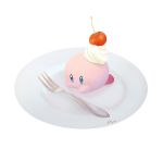  ayu_(mog) blue_eyes cherry cream food fork fruit kirby kirby_(series) lying no_humans on_stomach plate signature simple_background white_background 