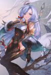  1girl aqua_nails bangs bare_shoulders blue_eyes blue_hair bodystocking branch breast_curtain breasts elbow_gloves eyebrows_visible_through_hair eyes_visible_through_hair feet_out_of_frame genshin_impact gloves gradient_eyes hand_up highres hip_vent holding holding_polearm holding_weapon long_hair looking_at_viewer medium_breasts multicolored_eyes parted_bangs parted_lips partially_fingerless_gloves polearm qie shenhe_(genshin_impact) signature snow snowing solo thighs violet_eyes weapon 