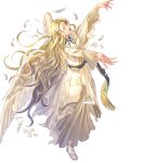  1boy alternate_costume blonde_hair bouquet closed_eyes feathered_wings feathers fire_emblem fire_emblem:_radiant_dawn fire_emblem_heroes flower full_body green_eyes highres injury long_hair official_art open_mouth pointy_ears rafiel_(fire_emblem) sandals solo teeth torn_clothes transparent_background wings 