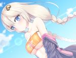  blonde_hair blue_eyes blush braid breasts closed_mouth clouds cloudy_sky dutch_angle hair_ornament hood hoodie kizuna_akari large_breasts lens_flare menbou_(menbow3v) pale_skin sky swimsuit under_boob voiceroid 