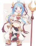  1girl animal_ears animal_print armor bangs bell bell_collar belt blue_eyes blue_hair blush braid braided_bangs chaps collar cow_ears cow_print detached_sleeves hairband hand_on_hip highres holding holding_staff long_hair navel open_mouth original pelvic_curtain puffy_sleeves red_ribbon ribbon sidelocks simple_background solo staff swept_bangs tagme tareme two-tone_background zuho_(vega) 