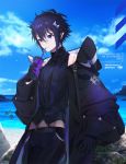  1boy aym beach black_gloves black_hair black_neckwear black_pants copyright_name dated day drinking drinking_straw gloves hair_between_eyes hair_ornament male_focus manacle_kralien necktie outdoors pants pixiv_fantasia pixiv_fantasia_age_of_starlight pixiv_id pointy_ears sidelocks standing twitter_username vest violet_eyes 