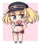  1girl absurdres bangs bare_arms bare_shoulders bikini black_headwear blonde_hair blue_bikini blush bow chibi collarbone commentary_request eyebrows_visible_through_hair full_body green_eyes halter_top halterneck hana_kazari hands_on_hips hat highres looking_at_viewer monika_weisswind navel open_mouth peaked_cap pink_background princess_connect! princess_connect!_re:dive red_bow solo standing swimsuit twintails two-tone_background v-shaped_eyebrows wavy_mouth white_background 