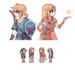  2boys 2girls back-to-back blue_eyes charamells closed_mouth commentary dress dual_persona english_commentary link multiple_boys multiple_girls pixel_art princess_zelda shield simple_background smile standing super_smash_bros. tagme the_legend_of_zelda the_legend_of_zelda:_breath_of_the_wild the_legend_of_zelda:_twilight_princess triforce white_background 