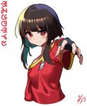  bangs black_gloves blunt_bangs bob_cut breasts brown_hair character_name closed_mouth commentary dated dress fingerless_gloves foreshortening furrowed_eyebrows gloves highres kono_subarashii_sekai_ni_shukufuku_wo! looking_at_viewer megumin namakura_noelle off_shoulder red_dress red_eyes short_hair sidelocks simple_background small_breasts smile translated upper_body white_background 