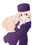  1girl bangs blush commentary_request cute emiya-san_chi_no_kyou_no_gohan eyebrows_visible_through_hair fate/stay_night fate_(series) highres illyasviel_von_einzbern itachi_class jacket loli long_hair long_sleeves looking_at_viewer purple_headwear purple_jacket red_eyes scarf simple_background smile solo type-moon ufotable white_background white_scarf 