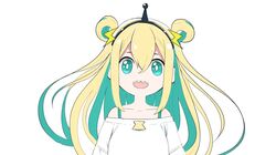  1girl :d alternate_hair_length alternate_hairstyle amano_pikamee blonde_hair bra bra_strap bright_pupils double_bun dress green_bra green_eyes green_hair gyari_(imagesdawn) hair_ornament hairband looking_at_viewer multicolored_hair official_art open_mouth sharp_teeth simple_background smile solo sweater sweater_dress teeth two-tone_hair underwear upper_body voms white_background white_sweater 