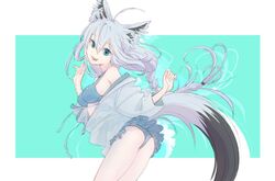  1girl :d ahoge alternate_costume animal_ears aqua_background ass bare_legs bikini blue_bikini blue_eyes braid braided_ponytail breasts commentary cowboy_shot eyebrows_visible_through_hair fox_ears fox_tail frilled_bikini frills hair_between_eyes hololive jacket long_hair looking_at_viewer ma_(2ql) medium_breasts midriff off_shoulder open_clothes open_jacket open_mouth shirakami_fubuki sideboob silver_hair simple_background smile solo swimsuit tail thighs twitter_username virtual_youtuber white_jacket 