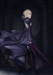  1girl artoria_pendragon_(all) backless_dress backless_outfit bangs black_bow black_dress black_footwear black_legwear boots bow braid breasts brown_eyes closed_mouth commentary_request dark_excalibur dress eyebrows_visible_through_hair fate/grand_order fate_(series) from_side hair_between_eyes hair_bow hair_bun highres holding holding_sword holding_weapon juliet_sleeves light_brown_hair long_sleeves looking_at_viewer looking_to_the_side marumoru puffy_sleeves saber_alter small_breasts solo standing sword thigh-highs thigh_boots weapon 