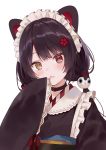  1girl :3 animal_ears bangs black_hair blush dog_ears dog_girl dog_hair_ornament flower fukahire_(ruinon) hair_flower hair_ornament heterochromia highres inui_toko japanese_clothes kimono long_hair long_sleeves low_twintails nijisanji obi open_mouth red_eyes sash simple_background sleeves_past_wrists smile solo twintails upper_body very_long_hair virtual_youtuber wa_maid white_background yellow_eyes 
