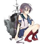  1girl akebono_(kantai_collection) bell black_legwear boots closed_umbrella damaged drew_(drew213g) flower full_body hair_bell hair_between_eyes hair_flower hair_ornament jingle_bell kantai_collection long_hair long_ponytail machinery official_art one_eye_closed purple_hair red_footwear rubber_boots school_uniform serafuku side_ponytail sitting skirt smoke solo tears torn_clothes torn_skirt transparent_background umbrella very_long_hair violet_eyes wet wet_clothes 