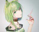  1girl animal_ear_fluff animal_ears arknights bangs bare_shoulders chinese_commentary commentary_request detached_collar dress eyebrows_visible_through_hair fire/r gradient gradient_background green_dress green_eyes green_hair grey_background hand_up head_tilt highres holding holding_syringe kal&#039;tsit_(arknights) looking_at_viewer off-shoulder_dress off_shoulder ore_lesion_(arknights) parted_lips partial_commentary short_hair smile solo syringe upper_body 