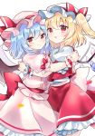  2girls blonde_hair blue_hair closed_mouth commentary_request eyebrows_visible_through_hair flandre_scarlet hat highres hug looking_at_viewer mob_cap multiple_girls nagisa_shizuku open_mouth petals pink_headwear puffy_short_sleeves puffy_sleeves red_eyes remilia_scarlet short_hair short_sleeves siblings side_ponytail simple_background sisters touhou white_background white_headwear wrist_cuffs 