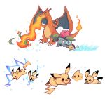  :d black_eyes breathing_fire charamells charizard chiko_(mario) claws commentary dragon electricity english_commentary eye_contact fangs fiery_tail fire flame gen_1_pokemon gen_2_pokemon happy horns ivysaur jumping leaf looking_at_another lying super_mario_bros. on_stomach open_mouth pichu pikachu pixel_art simple_background smile squirtle standing super_mario_galaxy super_smash_bros. tail water white_background 