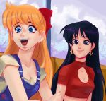  2girls aino_minako bishoujo_senshi_sailor_moon black_hair blonde_hair blue_eyes bow cleavage_cutout crop_top derivative_work earrings hair_bow highres hino_rei jewelry jorge_mendoza long_hair meme multiple_girls open_mouth overalls red_bow sailor_moon_redraw_challenge screencap_redraw shirt t-shirt turtleneck violet_eyes 