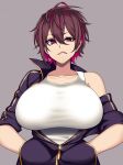  1girl absurdres breasts brown_hair camui_kamui collarbone earrings grey_background hands_in_pockets highres jacket jewelry large_breasts looking_at_viewer messy_hair multicolored_hair open_clothes open_jacket original pink_eyes pink_hair shirt short_hair simple_background sleeves_rolled_up solo two-tone_hair upper_body zipper 