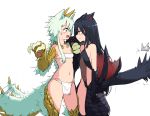 2girls absurdres animal_ears black_hair blush breasts claws commentary_request covered_navel dragon_girl highres horns house88812317 leotard loincloth long_hair looking_at_another monster_girl monster_hunter multiple_girls nargacuga paws personification pout small_breasts tail tail_raised tail_wagging white_hair wings zinogre