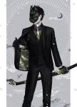  1boy arm_at_side black_gloves black_hair black_jacket black_pants black_shirt black_theme btmr_game clothes_writing collared_shirt confetti covered_face crescent english_commentary feet_out_of_frame formal fox_mask gloves grey_background holding holding_sword holding_weapon jacket jacket_lift long_sleeves male_focus mask necktie original pants sheath sheathed shirt solo standing suit sword tie_clip waistcoat weapon yellow_neckwear 