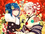 2girls 3boys bangs blonde_hair blue_hair brown_hair dizzy_(guilty_gear) family father_and_son flower grandfather_and_grandson guilty_gear guilty_gear_xrd headband holding_arm husband_and_wife jack-o&#039;_valentine japanese_clothes kimono ky_kiske leaf matches mother_and_daughter multicolored multicolored_background multicolored_clothes multicolored_hair multiple_boys multiple_girls nbtkm parted_lips ponytail red_eyes short_hair sin_kiske smile sol_badguy tied_hair translation_request tree 