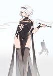  1girl black_dress black_panties blindfold breasts bridal_gauntlets china_dress chinese_clothes covered_eyes covered_navel dress hairband large_breasts lips mole mole_under_mouth nier_(series) nier_automata panties parted_lips pelvic_curtain pipe pod_(nier_automata) shawl short_hair side_slit skindentation sleeveless sleeveless_dress string_panties thigh-highs thighs thong underwear white_hair xiaoshou_xiansheng yorha_no._2_type_b 