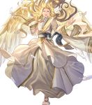  1boy alternate_costume blonde_hair bouquet feathered_wings fire_emblem fire_emblem:_radiant_dawn fire_emblem_heroes flower full_body green_eyes highres long_hair official_art open_mouth pointy_ears rafiel_(fire_emblem) sandals solo teeth transparent_background wings 