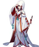  1girl alternate_costume blue_hair brown_eyes cape fire_emblem fire_emblem_fates fire_emblem_heroes full_body highres hood japanese_clothes katana kimono long_hair noy oboro_(fire_emblem) official_art sandals solo sword transparent_background weapon 
