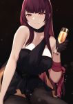  1girl bangs bare_shoulders black_background black_dress black_gloves black_legwear blush breasts bushidokuroi choker collarbone cup dress drinking_glass girls_frontline gloves highres large_breasts long_hair looking_at_viewer purple_hair red_eyes smile thigh-highs wa2000_(girls_frontline) 