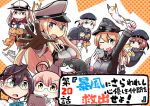  6+girls ahoge animal bangs bismarck_(kantai_collection) black_gloves blush breasts brown_gloves capelet cat dress elbow_gloves eyebrows_visible_through_hair glasses gloves graf_zeppelin_(kantai_collection) hair_between_eyes hat iron_cross kantai_collection long_hair makigumo_(kantai_collection) military military_uniform multiple_girls nobuyoshi-zamurai official_art okinami_(kantai_collection) one_eye_closed open_mouth peaked_cap prinz_eugen_(kantai_collection) sailor_collar sailor_dress sailor_hat short_hair simple_background twintails uniform white_gloves z1_leberecht_maass_(kantai_collection) z3_max_schultz_(kantai_collection) 