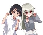  1girl alternate_hairstyle anchovy_(girls_und_panzer) bangs blunt_bangs blunt_ends bob_cut claw_pose coco&#039;s commentary drawstring eyebrows_visible_through_hair girls_und_panzer green_hair grey_shirt grin hair_down hair_ornament hairclip hood hood_down hoodie izawa_shiori kayabakoro leaning_to_the_side long_hair long_sleeves looking_at_viewer nail_polish paw_pose red_eyes red_nails shirt short_sleeves side-by-side simple_background skirt smile solo sono_midoriko standing white_background white_skirt yoshioka_maya 