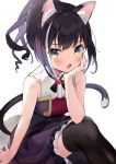  1girl :o animal_ear_fluff animal_ears arm_support bangs black_dress black_hair black_legwear blush braid cat_ears cat_girl cat_tail dress fang french_braid furrowed_eyebrows green_eyes hair_strand hand_on_own_cheek highres kanda_done karyl_(princess_connect!) knee_up long_hair looking_at_viewer multicolored_hair open_mouth princess_connect! simple_background sitting sleeveless sleeveless_dress streaked_hair tail thigh-highs white_background white_hair 