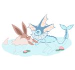  brown_eyes charamells commentary creature eevee english_commentary eye_contact full_body gen_1_pokemon grey_eyes happy lily_pad looking_at_another no_humans pokemon pokemon_(creature) simple_background smile swimming water white_background 