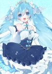  1girl :d absurdres bangs blue_bow blue_eyes blue_hair bow brooch center_frills detached_collar detached_sleeves dress frilled_dress frills hatsune_miku highres hinakano_h jewelry long_hair looking_at_viewer musical_note open_mouth smile snowflake_print solo tiara twintails very_long_hair vocaloid yuki_miku 