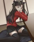  1girl bangs black_hair black_legwear black_ribbon black_skirt blue_eyes blush chin_rest drid fate/stay_night fate_(series) from_side hair_ribbon highres long_hair long_sleeves looking_at_viewer miniskirt open_mouth parted_bangs pleated_skirt red_shirt ribbon shirt skirt smile solo table thigh-highs toosaka_rin two_side_up 