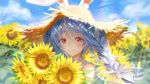  1girl alternate_costume animal_ear_fluff animal_ears artist_name blue_sky blush braid closed_mouth clouds cloudy_sky commentary day dress flower hair_between_eyes hair_ribbon hat hikosan20216917 holding holding_flower hololive light_blue_hair lips long_hair looking_at_viewer multicolored_hair outdoors rabbit_ears rainbow red_eyes ribbon signature sky sleeveless sleeveless_dress smile solo straw_hat sunflower symbol-shaped_pupils thick_eyebrows tress_ribbon twin_braids twintails two-tone_hair upper_body usada_pekora virtual_youtuber white_dress white_hair white_ribbon 
